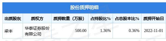 璞泰来（603659）股东梁丰质押500万股，占总股本0.36%